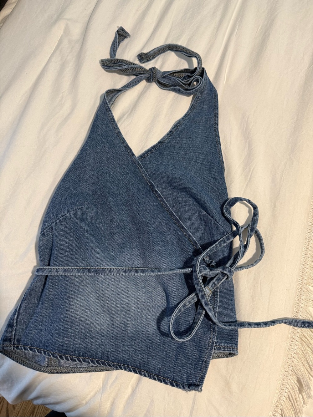 Denim Halter Wrap Top - Blue